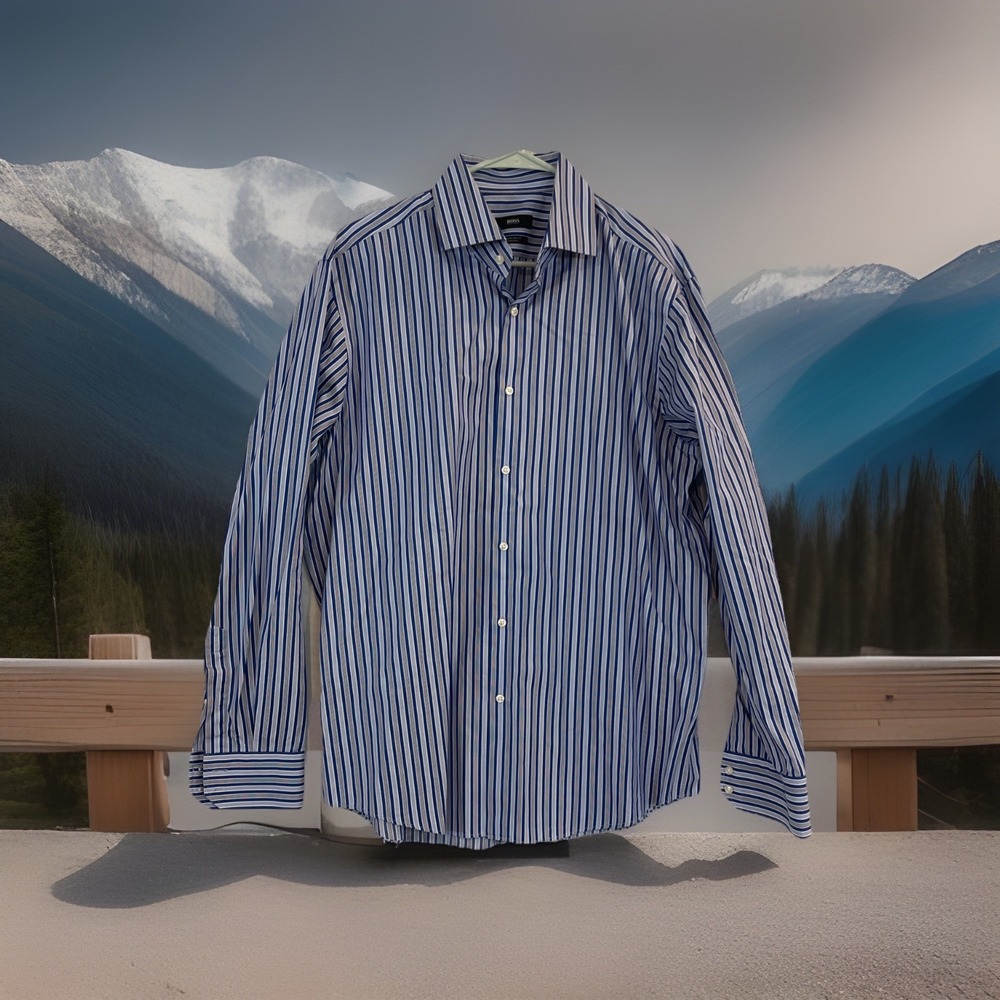 HUGO BOSS Dress Shirt Blue Striped‎ Long Sleeve Button Up Mens Size 17/43